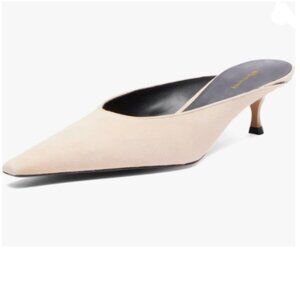 Wansseny Light Apricot Pointed Toe Kitten Heel Mules Slip on Comfortable Shoes